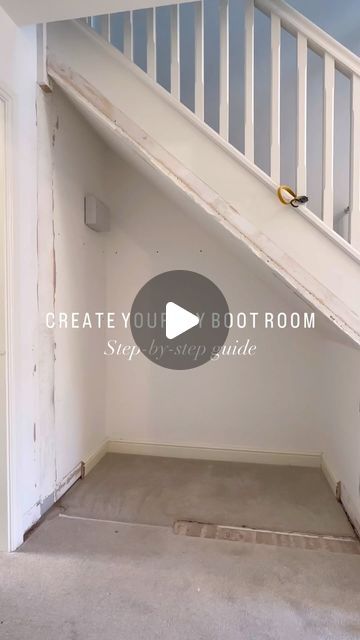 Katie Goulbourn on Instagram: "DIY BOOT ROOM STEP BY STEP 🪚   We aren’t the quickest DIYers here, having taken the wall out back in 2021 and completing the project earlier this year! But this page is here to help you with both ideas and how to guides to complete your own projects at home, so I’ve pulled together as much content as I could from my camera roll, and included step-by-step instructions as to how we created this space.   Here we go: 1. Remove skirting boards, if possible keep in good condition for reusing at the end!  2. Create a sturdy wooden base the depth of the kallax (so the Kallax unit sits flush on top of the base) and a few cm’s shorter than the skirting board, which you will place infront of the base at the end  3. Place the Kallax unit on top of the base  4. Cut small Downstairs Storage Ideas, Under Stairs Doors Diy, Understairs Boot Room Ideas, Ikea Pax Hack Under Stairs, What To Do Under Stairs, Kallax Boot Room Hack, Hallway Unit Ideas, Under Stairs Curtain Ideas, Under Stairs Curtain