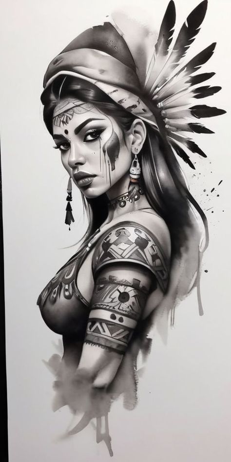 Aztec Warrior Tattoo Designs, Woman Warrior Tattoo Design, Aztec Warrior Tattoo For Women, Aztec Woman Warrior, Aztec Woman Tattoo, Woman Warrior Tattoo, Warrior Woman Tattoo, Medusa Tattoo Meaning, Warrior Tattoo Design