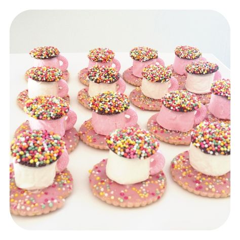 Teacup and Saucers made from marshmallows, freckles and musk lifesavers on a hundreds and thousands biscuit. Biggest Morning Tea Ideas, Teacup Biscuits, Alice Cake, School Birthday Treats, Jelly Cakes, 2000s Party, Hundreds And Thousands, Sprinkle Party, Colorful Drinks