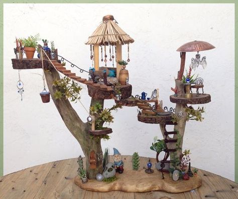 Mini Tree House, Fairy Treehouse, Wooden Tree House, Fairies Art, Fairy Tree Houses, Ooak Fairy, Fairy House Diy, Fairy Art Dolls, Fairy Garden Crafts