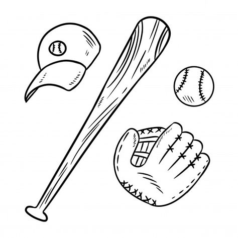 Baseball, baseball bat, hat and catchig ... | Premium Vector #Freepik #vector #hand #sports #cartoon #hand-drawn Baseball And Bat Drawing, Softball Drawings, Baseball Doodles, Baseball Bat Drawing, Baseball Drawing, Ide Scrapbook, Baseball Things, Bat Hat, Baseball Tattoo