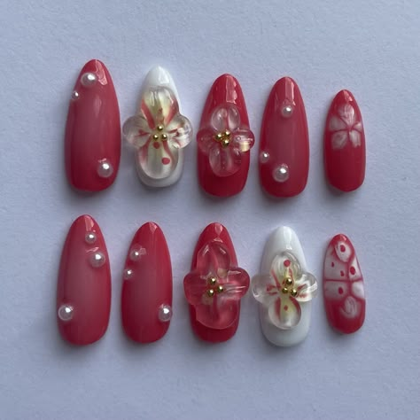 Red Pink Nail Art, Spanish Nails, Press On Nail Art, Grunge Nails, Lily Flowers, Pretty Gel Nails, Really Cute Nails, Soft Nails, Nail Tattoo