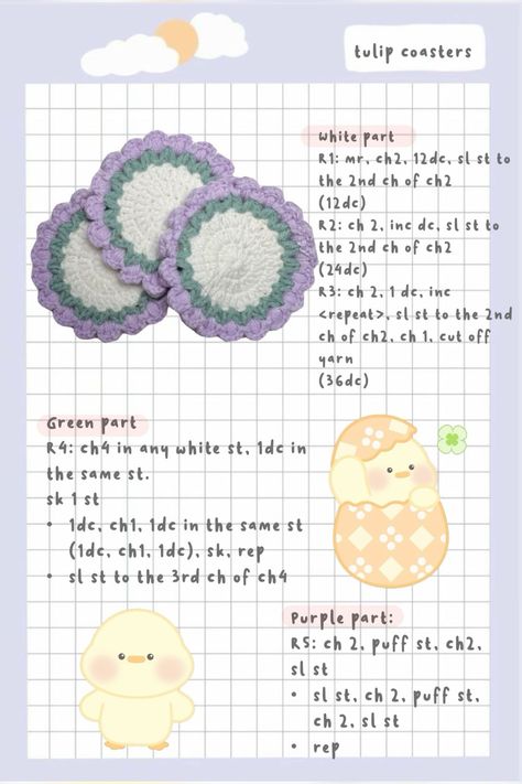 Tulip Coasters - Free Crochet Pattern Tulip Coaster Crochet Pattern Free, Tulips Crochet Pattern, Crochet Tulip Coaster, Crochet Pattern Coaster, Written Patterns Crochet, Crochet Patterns Written, Crochet Written Patterns Free, Flower Coaster Crochet Pattern Free, Free Written Crochet Patterns