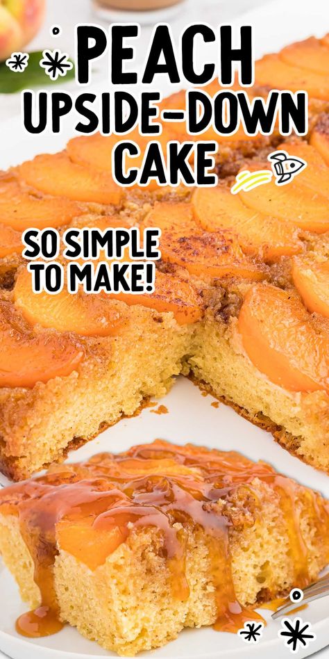 Peach Box Cake Recipes, Easy Peach Upside Down Cake, Easy Peach Upside Down Cake With Box Cake, Boxed Cake Mix Desserts, Peach Cake With Cake Mix Boxes, Peach Upside Down Cake With Box Cake, Peach Upside Down Cake Recipe, Upside Down Peach Cake, Fresh Peach Cake