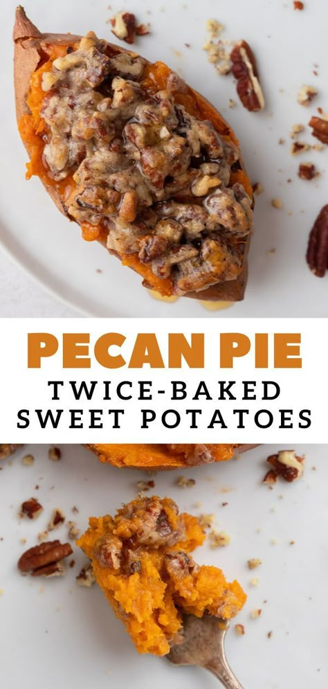 These pecan pie twice baked sweet potatoes are a great side dish, snack, dessert, or even breakfast. They are made with healthy ingredients and taste out of this world delicious. These double baked sweet potatoes are easy to make and will be the number one thing that everyone requests for. Pecan Pie Sweet Potato, Potatoe Recipe, Twice Baked Sweet Potatoes, Baked Sweet Potatoes, Pecan Pie Filling, Fast Dinner, Thanksgiving Desserts Easy, Holiday Dishes, Twice Baked