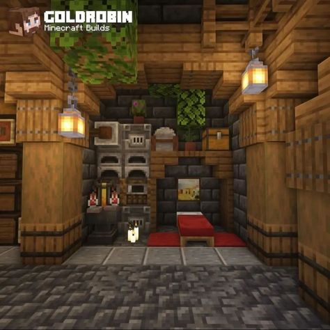 Minecraft Dining Room Medieval, Minecraft Workshop Design, Minecraft Pub Interior, Minecraft Workshop Interior, Minecraft Furnace Design, Minecraft Armory Room Ideas, Minecraft Blacksmith Interior, Minecraft Storage Design, Minecraft Witch House Interior