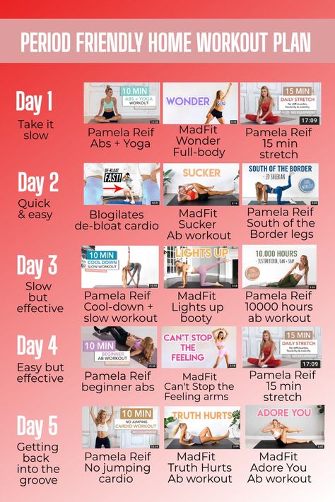 An easy workout plan featuring blogilates and lots of Pamela Reif and MadFit! Each day is about 20-30 minutes long. The main focus is slow cardio and short song workouts, perfect for that time of the month! Of course you can switch up the song wokouts if you don’t like a specific song, MadFit has a lot! Pamela Workout Plan, Blogilates Workout Plan, Madfit Workout Results, Workout Plans Youtube, Madfit Workout Calendar, Home Workout Plan Youtube, Madfit Workout Plan, Youtube Workouts That Actually Work, Youtube Workout Plan