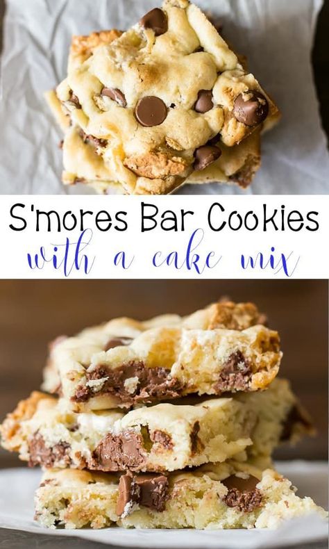 Smores Cake Mix Bar Cookies are a summer favorite - S'mores Bar Cookies made with a cake mix, chocolate chips, mini marshmallows, graham crackers. #smores #barcookies #cookiebars #cookies #cookie #chocolate #chocolatechips #grahamcrackers #marshmallows #desserts #dessertrecipes #summer #summerrecipes Cake Mix Smores Cookies, S’mores Cake Mix Cookies, S’mores Cookie Bars, Cake Mix Bar Cookies, Smores Cookie Bars, Cake Mix Bars, Cake Mix Cookie Bars, Salted Caramel Pretzels, Chocolate Chip Shortbread Cookies