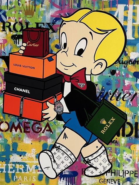 Alec Monopoly Art, Richie Rich Comics, Money Design Art, Monopoly Art, Vibrant Backgrounds, Disney Pop Art, Alec Monopoly, Cartoons Dancing, Childhood Characters