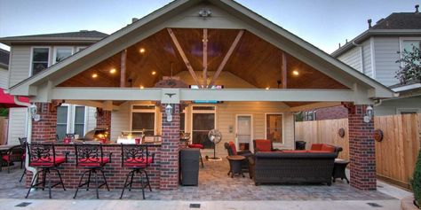 Patio Cover Project in Houston Gable Roof Back Porch Addition, Backyard Structures Covered Patios, Outdoor Covered Grill Area, Hot Tub Under Covered Patio, Outdoor Covered Patio Ideas Grill Area, Outdoor Rooms Covered, Covered Outdoor Kitchens, Backyard Covered Patios, Covered Patio Design