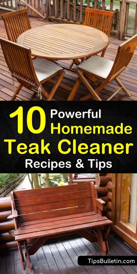 Make a homemade cleaning solution to clean outdoor furniture made of teak wood. Clean teak furniture using laundry detergent, white vinegar, bleach, or another teak cleaner along with a little bit of scrubbing action. #DIYteakcleaner #cleanteak #teak #wood Restoring Teak Outdoor Furniture, Clean Outdoor Furniture, Action Diy, Pool Patio Furniture, Wooden Patio Furniture, Teak Patio Furniture, Deck Decor, Teak Wood Furniture, House Keeping