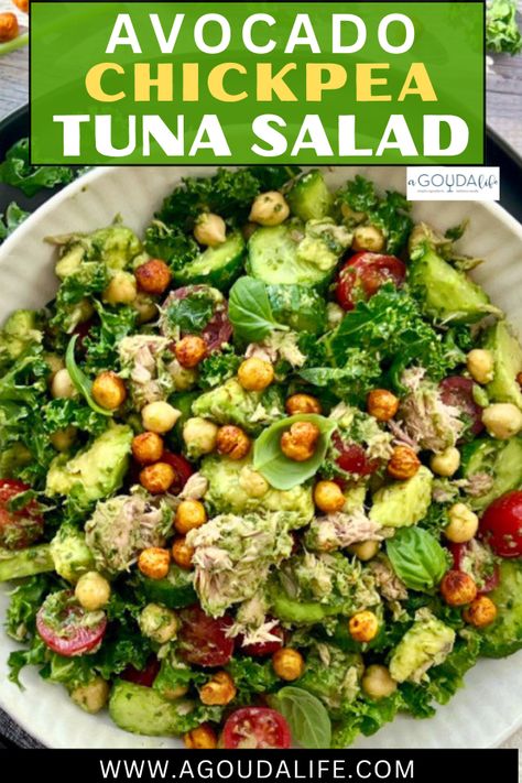 Avocado Chickpea Tuna Salad with basil vinaigrette. Easy make-ahead recipe packed with protein - great for lunch, dinner, picnics and potlucks (NO mayo!). #avocadochickpeatunasalad #healthytunasalad #chickpeatunasalad #avocadotunasalad #healthylunch #healthydinner #healthyfood #healthysummersalad #saladwithoutmayo #nomayosalad #agoudalife Tuna Salad Recipe Healthy No Mayo, Tuna Chickpea Salad, Tuna Avocado Salad, Avocado Chickpea, Chickpea Tuna Salad, Healthy Tuna Salad, Chickpea Tuna, Avocado Tuna Salad, Basil Vinaigrette