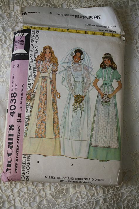 Vintage Bride and Bridesmaid Dress Pattern sz12 on Etsy, $4.00 Boho Wedding Bridesmaid Dresses, Cottage Core Wedding Dress, Wedding Dress Ruffle, Cottage Core Wedding, Boho Wedding Bridesmaids, Ruffle Apron, Bridal Bridesmaid Dresses, Mccalls Sewing Patterns, Couture Vintage