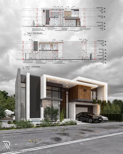 Behance'te ALUX EXCLUSIVE SUITS - architectural design project Slope Villa, Villa Facade Design, Modern Villa Exterior, Villa Exterior Design, Home Designs Exterior, Villa Design Architecture, Architecture Elevation, Modern Villa Design, Revit Architecture