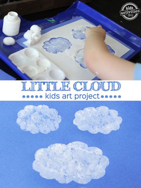 This Little Cloud Art is perfect for little hands.   Inspired by Little Cloud by Eric Carle Eric Carle Crafts, Eric Carle Activities, Preschool Weather, Weather Art, Weather Crafts, Cloud Craft, Weather Theme, Spring Preschool, Project For Kids