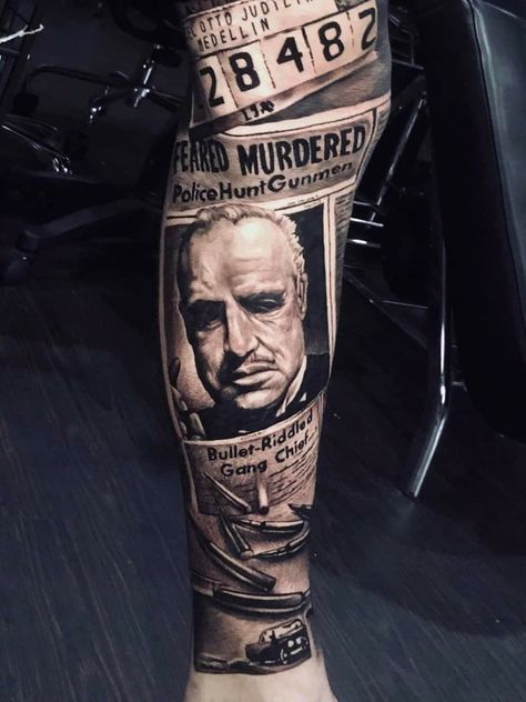 Godfather Tattoo Sleeve, Godfather Tattoo Design, Godfather Tattoo Ideas, Mafia Tattoo Ideas, The Godfather Tattoo, Escobar Tattoo, Leg Sleeve Tattoo Male, Mafia Tattoo, Godfather Tattoo