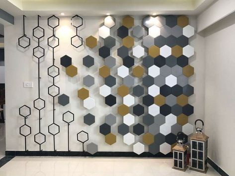 Hexagon Partition, Hoarding Board, Hexagon Decor, Panel 3d, Accent Wall Designs, Wall Panel Design, Ceiling Design Living Room, Office Space Design, Tile Showroom