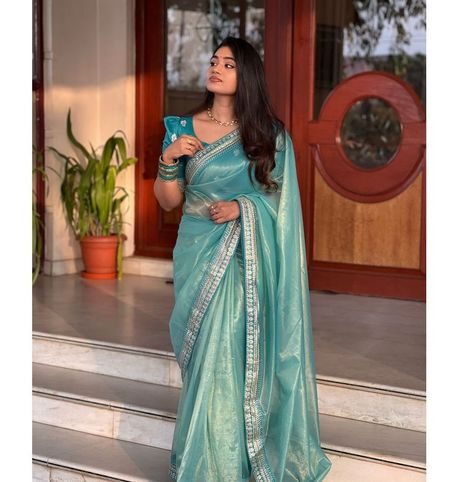 RGK 11 SINGLES AVAILABLE Fabric- Pure Soft tissue Zari Base Fabric Work- Heavy coding sequence Lace Border Blouse- Bangalori Silk With butti Work Tissue Sarees, Half Saree Function, Cutwork Saree, Gota Patti Saree, Saree Ideas, Long Frock Designs, Simple Saree Designs, New Saree Designs, Saree Floral