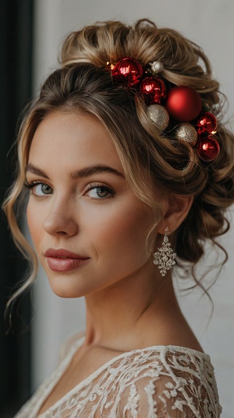 Holiday updo with ornaments Nye Updo, Holiday Updo, Loose French Braids, Sparkly Hair Accessories, Viking Braids, Christmas Dress Up, Seamless Hair Extensions, Barrel Curls, French Braids