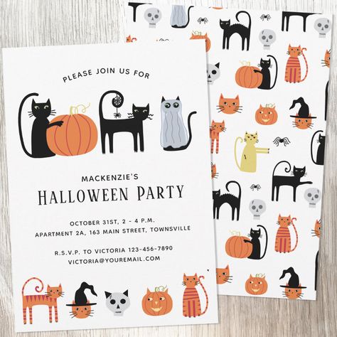 Spooky Cats, Pumpkin Lanterns, Fall Birthday Parties, Matching Patterns, Cat Fashion, Holiday Party Invitations, Fall Birthday, Halloween Invitations, Cat Party