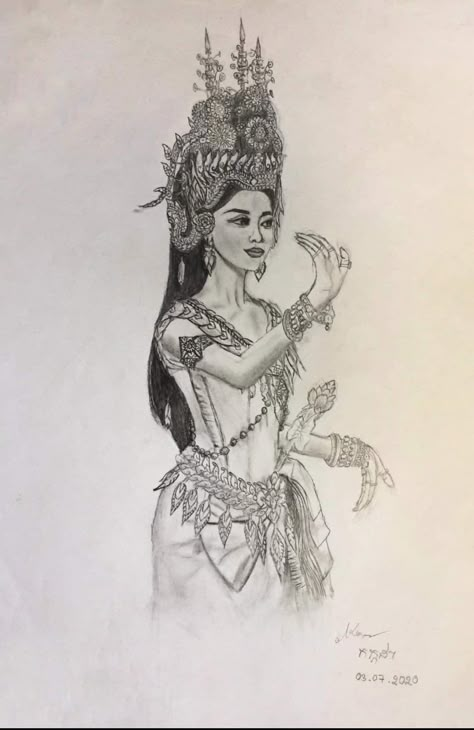 Cambodian Apsara Drawing, Cambodian Apsara Tattoo, Apsara Tattoo Khmer, Khmer Tattoo Cambodia, Apsara Tattoo, Apsara Drawing, Cambodia Tattoo, Burmese Poem, Cambodian Tattoo