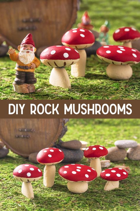 Learn how to make rock mushrooms out of smooth stones from the garden! Get the secrets for glue and paint to make your project last. Rock Yard Art, Summer Craft Ideas For Adults, Rock Mushrooms, Toadstool Craft, Mushroom Decorations, Mushroom Paint, Mushroom Crafts, Mod Podge Crafts, Pinterest Crafts