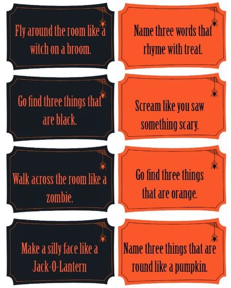 Free printable Halloween "tricks" for a fun Halloween party game idea Trick Or Treat Ideas, Halloween Charades, Trick Or Treat Games, Halloween Balcony, Kids Halloween Party Decorations, Halloween Alternatives, Fun Halloween Party Games, Fun Halloween Games, Halloween Tricks