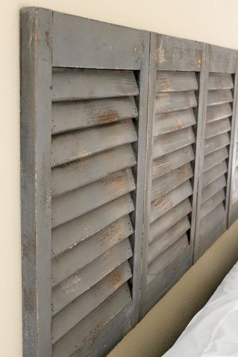 Shutter Headboard, Headboard Bedroom Ideas, Shutter Headboards, Shutters Repurposed Decor, Homemade Headboards, Repurposed Headboard, Headboard Bedroom, Rustic Shutters, Diy Bathroom Design