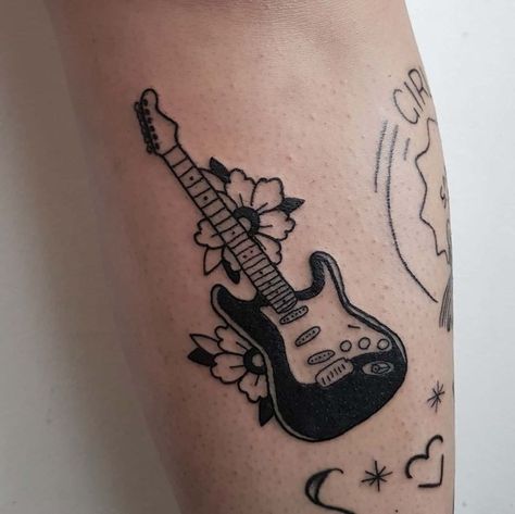 Traditional Guitar Tattoo, Tattoos For Dad Memorial, Guitar Tattoo Design, Simple Forearm Tattoos, Rock Tattoo, Guitar Tattoo, Music Tattoo Designs, Dad Tattoos, Traditional Tattoo Art