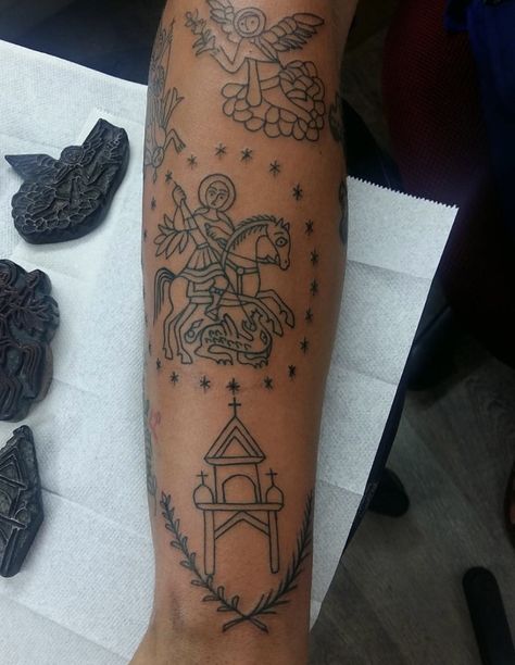 Biblical Traditional Tattoo, Coptic Tattoo Designs, Iconography Tattoo, Roman Catholic Tattoos, Coptic Tattoos, Catholic Tattoos For Men, Pilgrim Tattoo, Historical Tattoos, Archangel Michael Tattoo