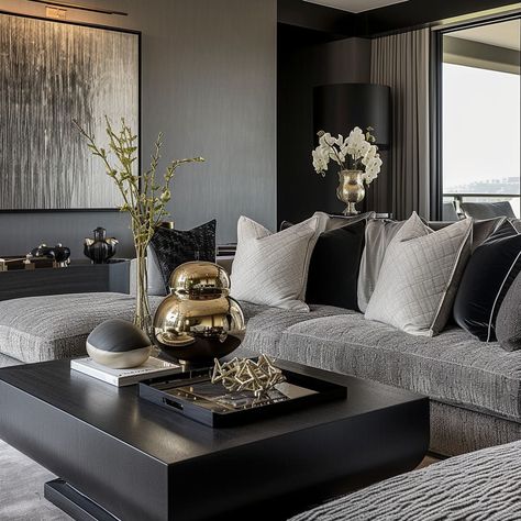 Clean lines and modern furnishings create a sleek and sophisticated interior design Gray Beige Living Room, Glam Living Room Decor Apartment, Modern Glam Decor, Black Living Room Decor, Living Room Decor Gray, Elegant Living Room Design, Gold Living Room, Black Living Room, Table Decor Living Room