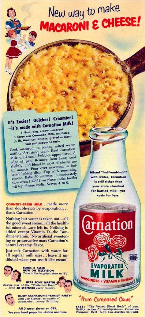 carnation evaporated milk Carnation Milk Mac And Cheese, Baked Meats, Carnation Milk, Cheese Restaurant, 1950s Food, Creamy Soups, Cheap Meal Ideas, Handwritten Recipes, Cheap Meal