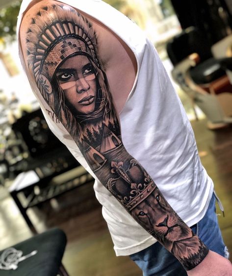 India Tattoo, Native American Tattoo Designs, Mangas Tattoo, Native American Tattoo, Lion Tattoo Sleeves, Full Leg Tattoos, Native American Tattoos, Native Tattoos, Realistic Tattoo Sleeve