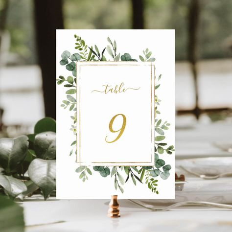 Botanical Green Wedding Gold Glitter Number 9, Table Number Glitter Number, Wedding Table Number Cards, Watercolor Eucalyptus, Card Table Wedding, Wedding Table Number, Eucalyptus Greenery, Wedding Gold, Table Number Cards, Anniversary Invitations