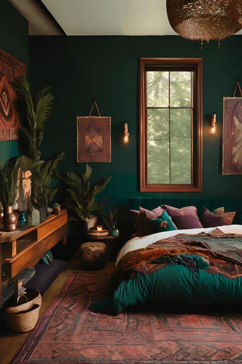 dark moody boho bedroom sample board Moody Boho Bedroom, Jewel Tone Bedroom, Reclaimed Wood Bed Frame, Maximalist Bedroom, Moody Boho, Dark Neutrals, Bedroom Decor Dark, Bedroom Decor On A Budget, Earthy Bedroom