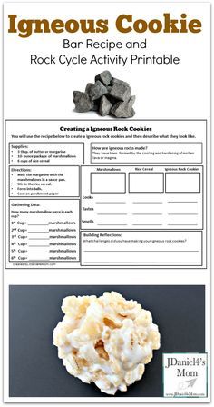 Igneous Cookie Bar Recipe and Rock Cycle Activity Printable - This is the third in a series of three rock themed recipes for kids to make. Each has its on recipe and exploration printable. Igneous Rocks Activities, Rocks Worksheet, Rock Cookies, Rock Cycle Activity, Rocks For Kids, Rock Unit, Rock Science, Themed Recipes, Rock Cycle