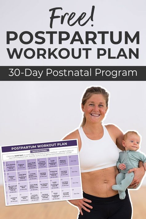 Get back into a fitness routine after baby with this FREE Postpartum workout plan! This free program was designed by Lindsey Bomgren, certified personal trainer and mom of 3. Designed to help moms strengthen and rebuild their core and pelvic floor after pregnancy and birth! This free workout calendar combines bodyweight workouts, strength training, and low impact cardio to create an effective workout plan you can do at home after baby! Free Postpartum Workout Plan, Low Impact Workout Plan, Workouts Strength Training, Postpartum Workout Plan, Workouts Strength, Effective Workout Plan, Full Body Strength Workout, Postpartum Workout, Nourish Move Love