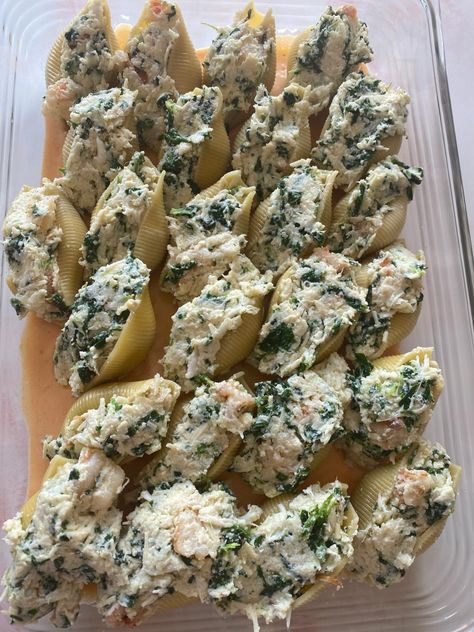 Crab + Shrimp Stuffed Shells - Crab Stuffed Pasta Shells Recipe, Stuffed Crab Shells Recipe, Crab Stuffed Shells Recipes, Seafood Stuffed Pasta Shells Recipe, Crab Stuffed Shells, Valentines Meals, Shrimp Stuffed Shells, Seafood Stuffed Shells Recipe, Seafood Shells