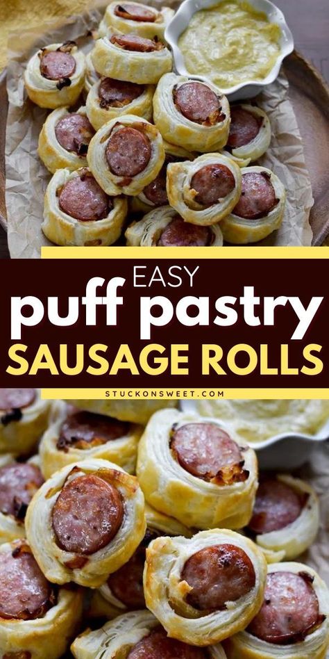 Serve this easy appetizer for a party! Everyone will enjoy these puff pastry sausage rolls that have an amazing flavor. You can even turn this delicious snack recipe into the traditional pigs in a blanket! Polish Appetizers Easy, Sausage Appetizers For Party, Puff Pastry Pigs In A Blanket, Puff Pastry Sausage Pinwheels, Puff Pastry Pigs In A Blanket Appetizers, Sausage Finger Food, Puff Pastry Sausage Bites, Pigs In A Blanket Recipe, Easy Sausage Rolls Recipe Puff Pastries