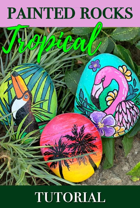 Painted Rocks Flamingo, Tropical Painted Rocks, Flamingo Rock Painting Ideas, Drawing On Rocks, Stones Drawing, Rock Painting Idea, Painted Seashells, Paint Pens For Rocks, Drawing Rocks