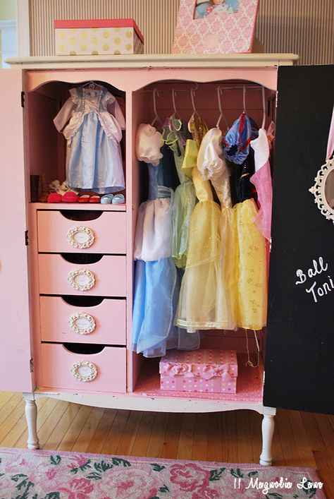 Operation: Organization 2014 ~ Organizing Dress Up Costumes...My inspiration for her Dress Up Chiffrobe Dress Up Wardrobe, Dress Up Stations, Dress Up Closet, Dress Up Storage, Doll Closet, Baby Clothes Organization, Princess Room, Dress Up Costumes, Toy Rooms