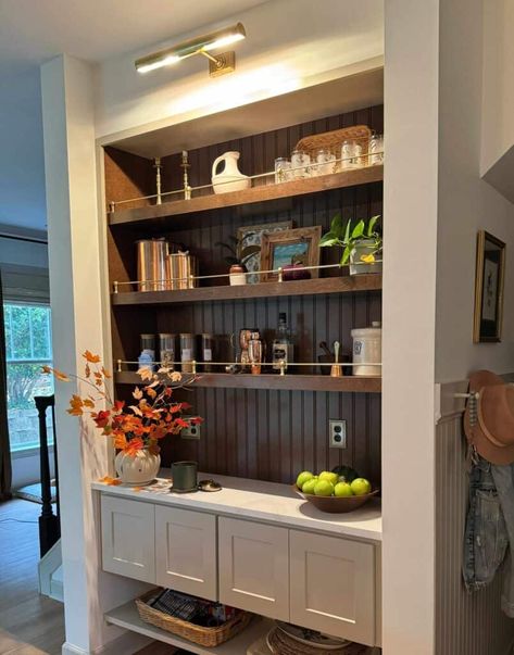 Shelves With Brass Rails, Buffet With Shelves Above, Pantry Update, Brass Gallery Rail, Brass Shelving, Gallery Shelves, Gallery Rail, Built In Hutch, Used Cabinets