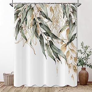 Bathroom Eucalyptus, Shower Curtain Green, Curtain Green, Curtains For Bathroom, Botanical Bath, Green Shower Curtains, Gold Branches, Abstract Shower Curtain, Eucalyptus Leaf