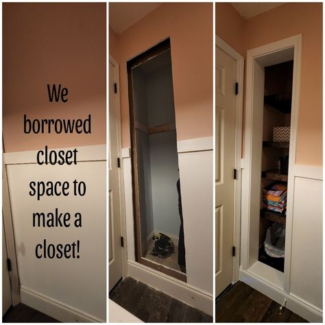 Farmhouse style linen closet Deep Narrow Bathroom Closet Ideas, Adding Linen Closet To Hallway, End Of Hallway Linen Closet, In Wall Storage Between Studs Closet, Litter Box In Linen Closet, Between The Studs Linen Closet, Small Linen Closets, Make A Closet, Hallway Closet