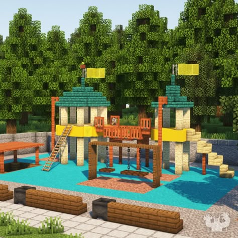 🤔 What would you add to this playground? We built this one for a small city project :) ⠀⠀⠀⠀⠀⠀⠀⠀⠀⠀ ✨ Follow @pixelbiesterofficial for… | Instagram Things To Put In A Minecraft Town, Minecraft Building Ideas Playground, Minecraft Park Build, Minecraft Town Path Ideas, Playground In Minecraft, Parking Lot Minecraft, Minecraft Park Bench Ideas, Minecraft Roller Coaster Ideas Easy, Minecraft Rooftop Ideas