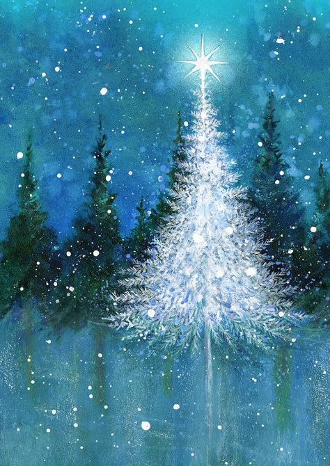 2016/04/20 White Tree with Star on Aqua Blue - Jan Pashley                                                                                                                                                                                 More Christmas Tree Illustration, A White Christmas, Watercolor Christmas Cards, Christmas Canvas, Night Painting, Christmas Scenes, Winter Art, Design Christmas, Noel Christmas