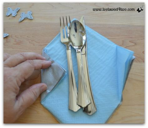 Fold napkins at opposite corners - How to Make Paper Napkins Special Wrap Silverware In Paper Napkin, How To Fold Paper Napkins, Napkin Wrapped Silverware, Fold Paper Napkins, Wrapped Silverware, Fold Napkins, Easy Napkin Folding, Craft Paper Punches, Paper Napkin Folding