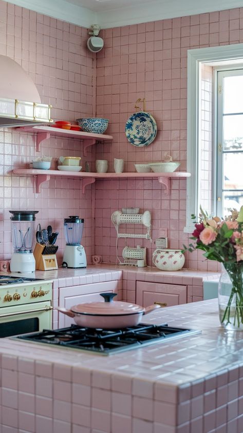 Elevate Your Culinary Space: Pink Perfection!" Description: Transform your kitchen into a stylish retreat with this gorgeous pink design! The elegant tiles and tasteful utensils, combined with a scenic view, create an inviting space perfect for cooking and entertaining. Get ready to fall in love!  #kitchendesign #kitchenideas #kitcheninspo #homedecor #homedesign Pink Brick Backsplash, Pink Black Wood Kitchen, Pink And Black Kitchen, Black Wood Kitchen, Elegant Tiles, Brick Backsplash, Pink Cottage, Scenic View, Pink Strawberry