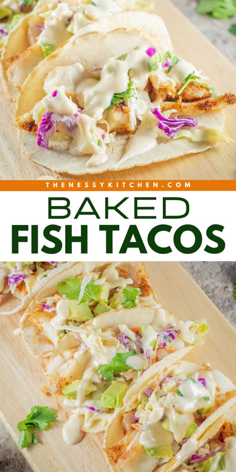 A perfect busy weeknight dinner! In less than 30 minutes, you can have these oven baked fish tacos with a creamy lime slaw. Save this baked cod recipe and try this quick and easy meal for tonight! Fish Tacos Oven Baked, Baked Fish Taco Recipe, Baked Fish Tacos With Cabbage Slaw, Cod Tacos Recipes, Baked Cod Fish Tacos, Fish Tacos Baked, Cod Tacos, Baked Fish Tacos, Cod Fish Tacos