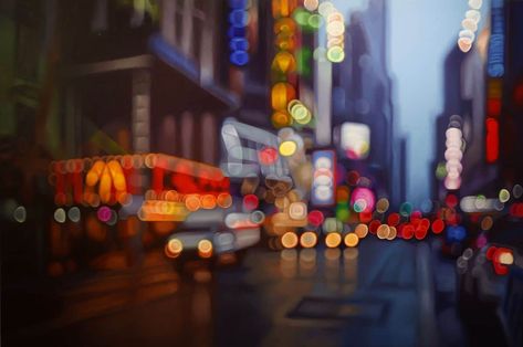 Abstract Paintings of Cities Look Like "Bokeh" Effect Photographs.// In his series of abstract paintings, artist Philip Barlow translates the fleeting moments often seen through out-of-focus camera lenses. This common photography phenomenon called the bokeh effect simplifies the background and subjects into colorful blurs of light. Philip Barlow, Blurred Lights, Bokeh Effect, South African Artists, African Artists, Out Of Focus, Night Painting, Colorful Artwork, City Lights